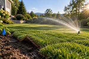 Fresh sod being irrigated in backyard