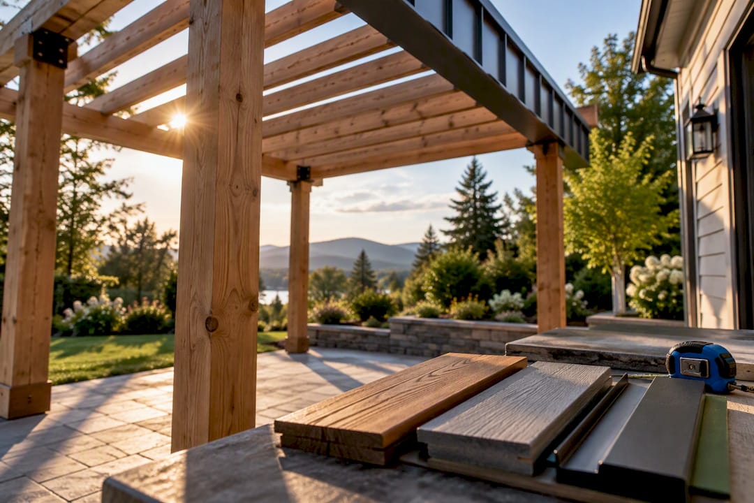 Pergola frame showing contrasting construction materials