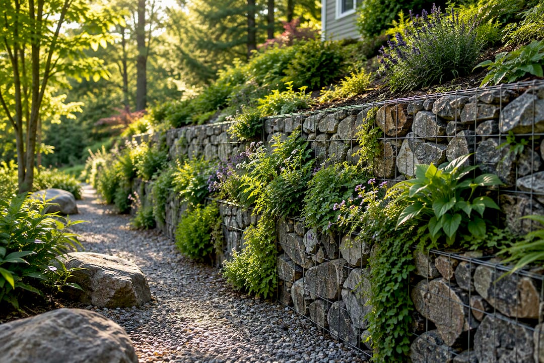 Vegetation growing through a gabion retaining wall