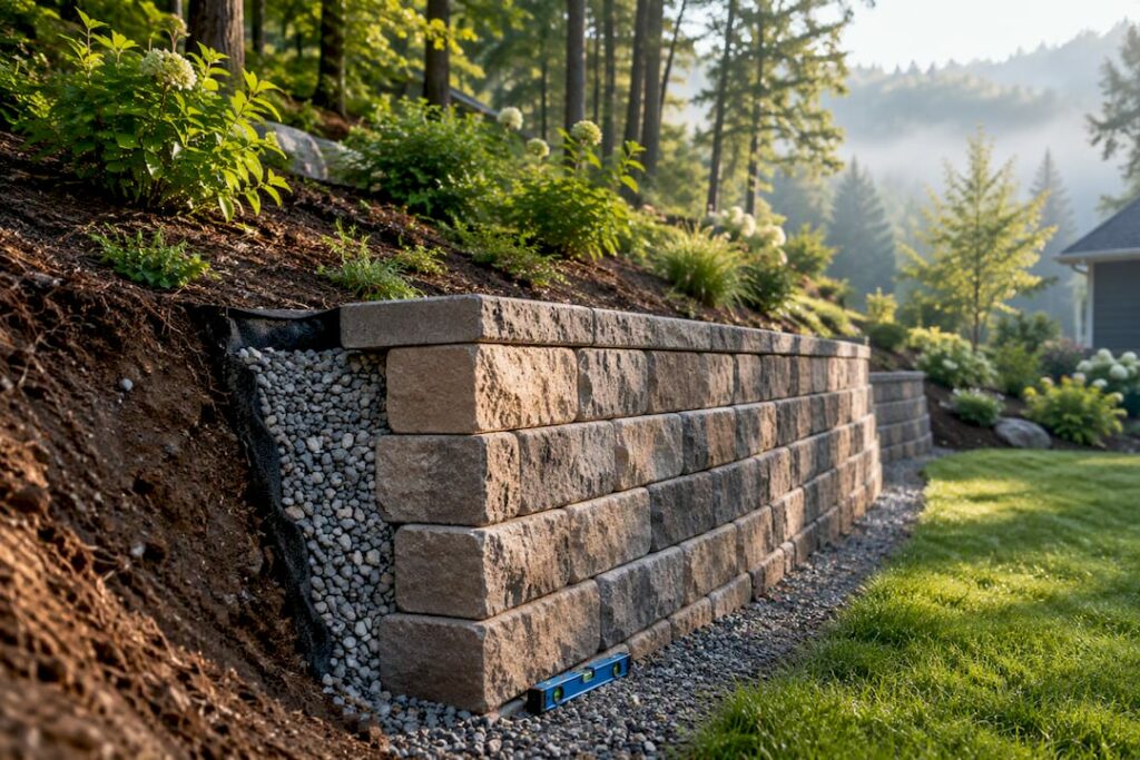 Retaining wall stabilizing a wooded hillside