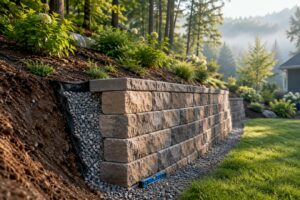Retaining wall stabilizing a wooded hillside