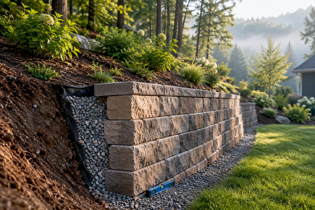 Retaining wall stabilizing a wooded hillside