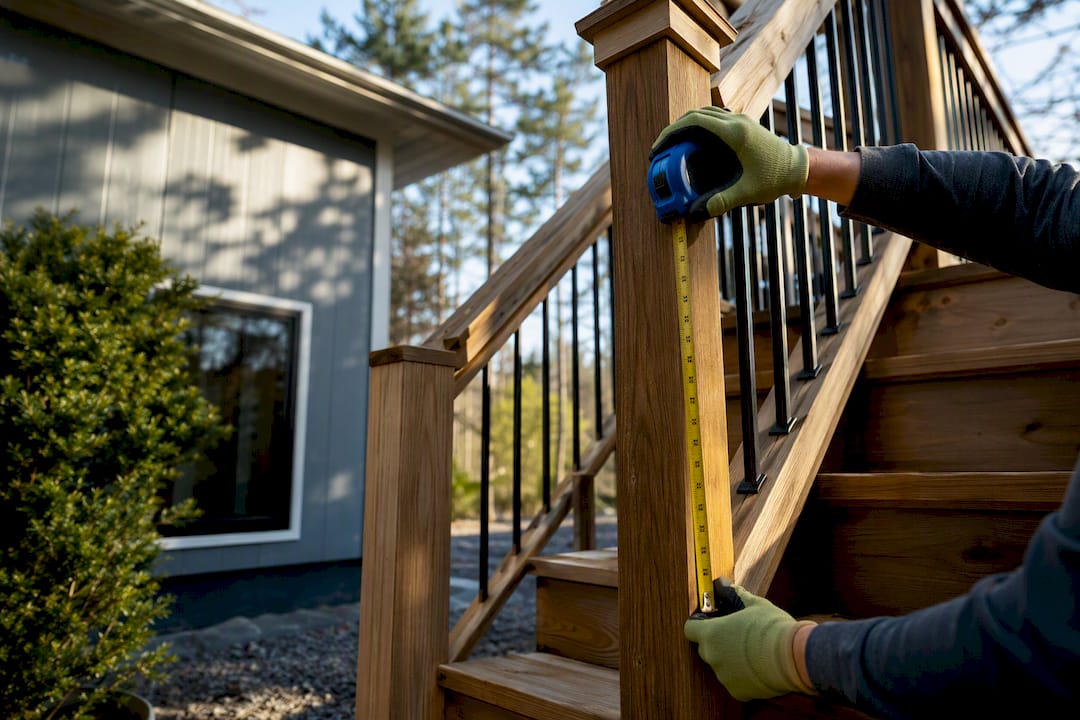 Contractor measuring deck stairs and railing