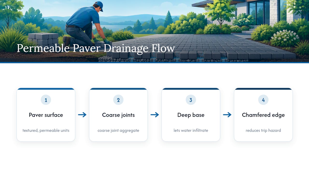Permeable paver layers directing water downward