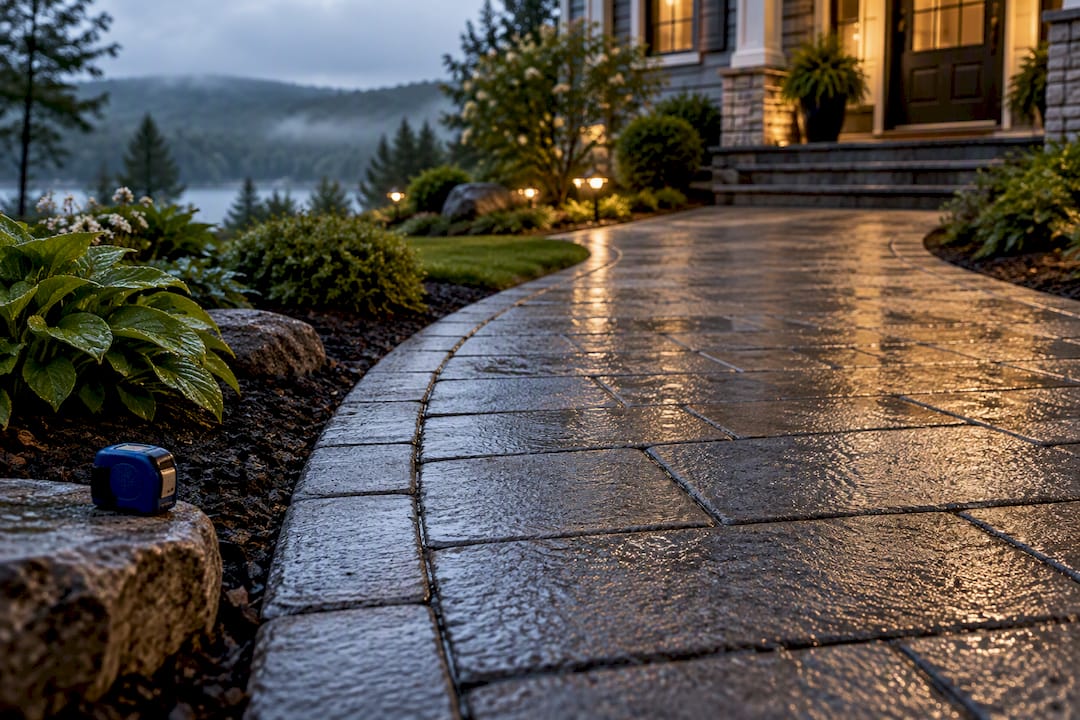 Rain-wet textured walkway beside landscaping