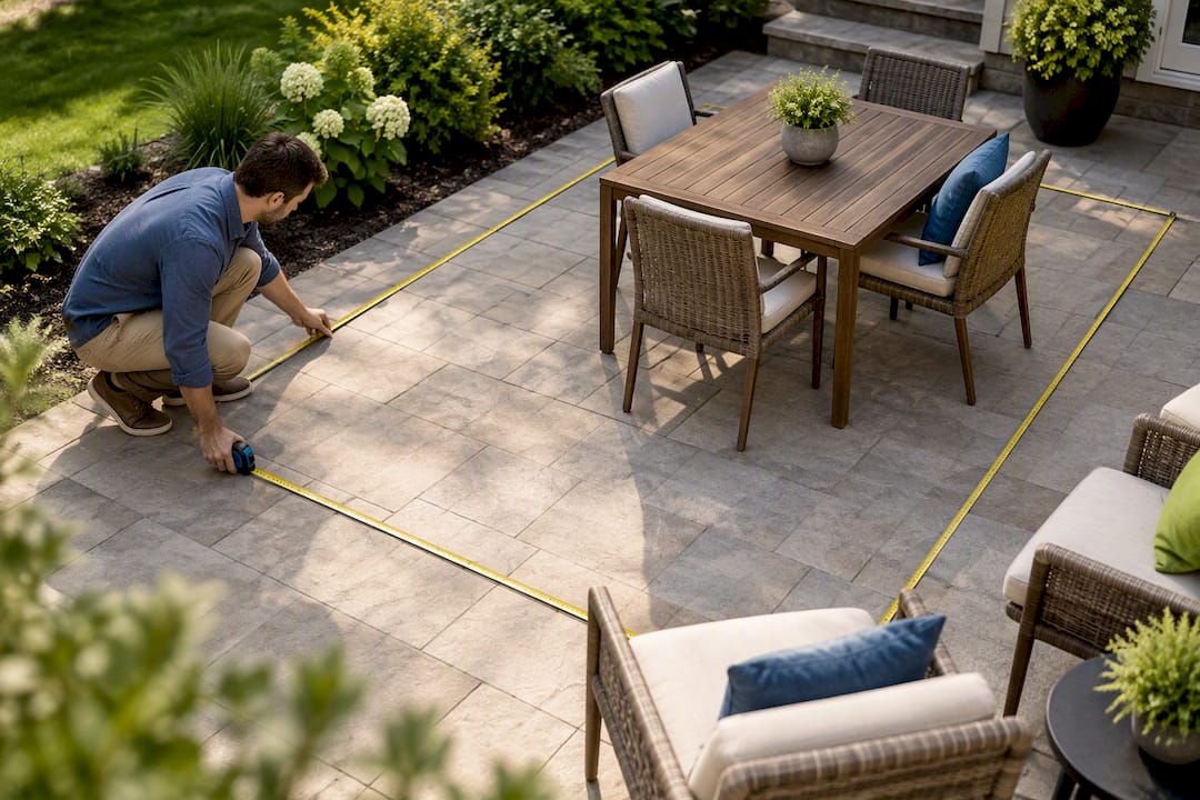Tape marking pergola footprint around furniture