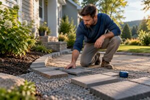 Homeowner planning a patio with paver samples