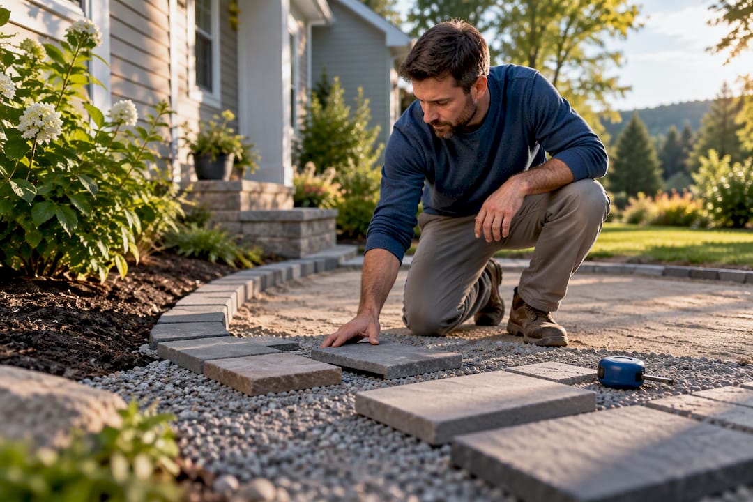 Homeowner planning a patio with paver samples