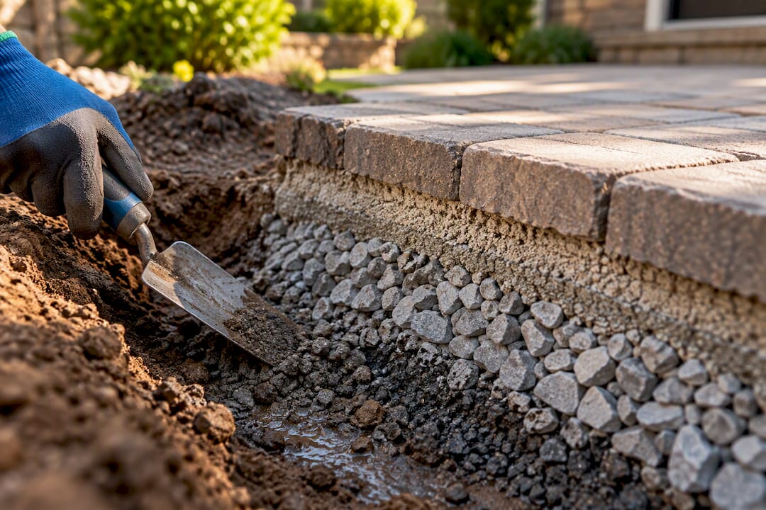 Exposed aggregate base beneath pavers
