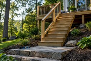 Deck stairs descending to graded sloped landing
