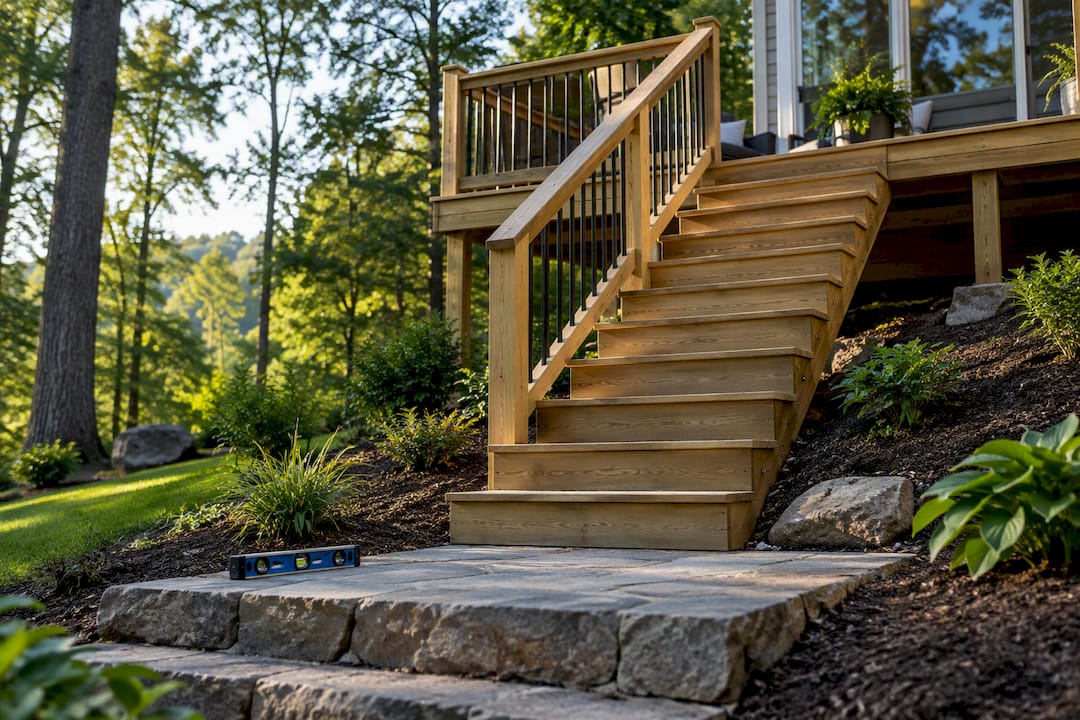 Deck stairs descending to graded sloped landing