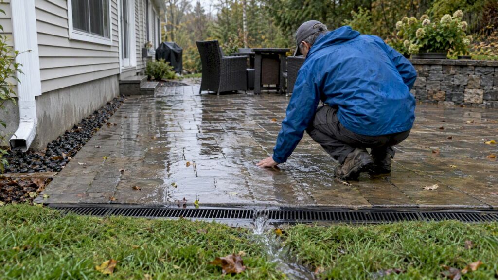 Contractor checking patio runoff after rainfall