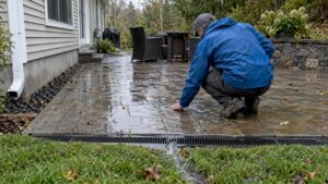 Contractor checking patio runoff after rainfall
