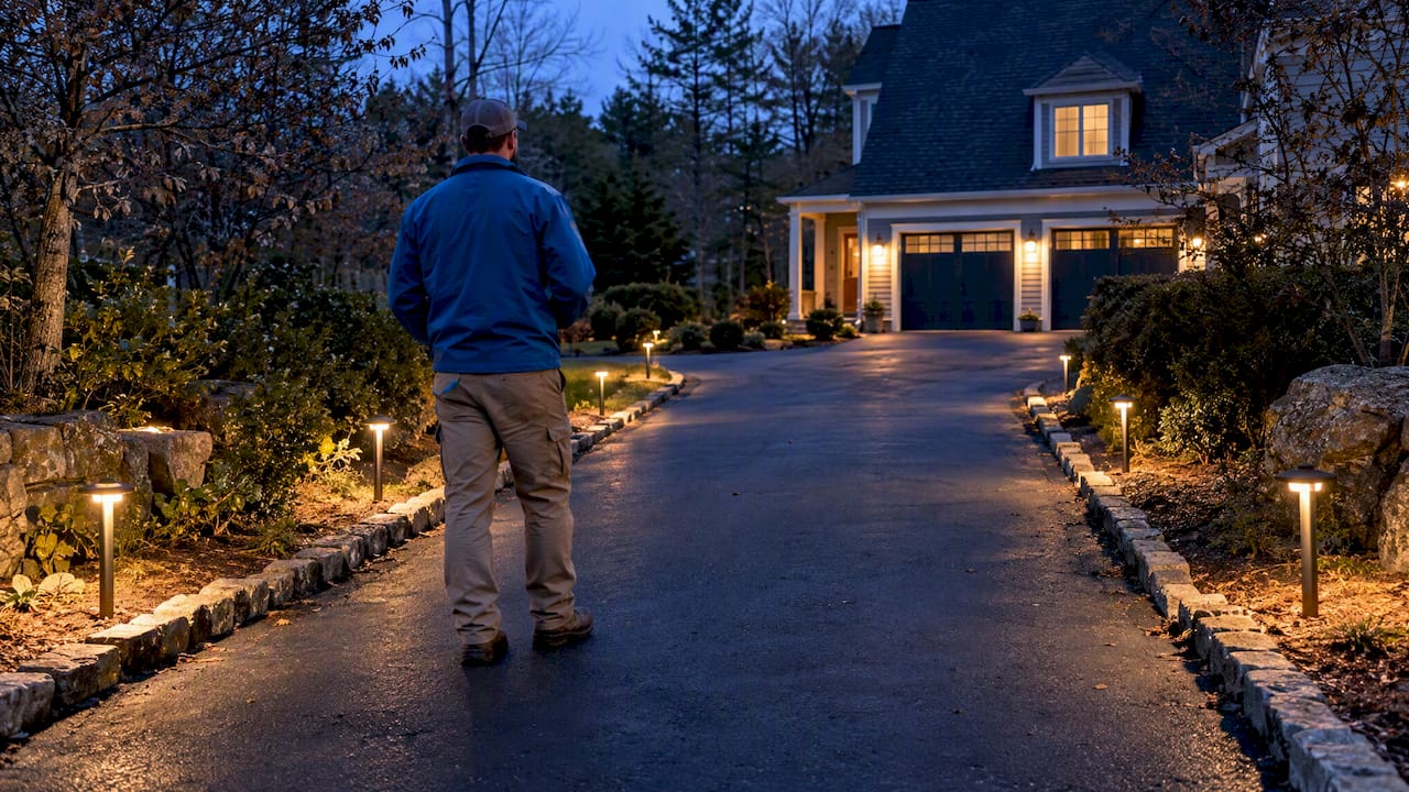 New Hampshire driveway with spaced path lights