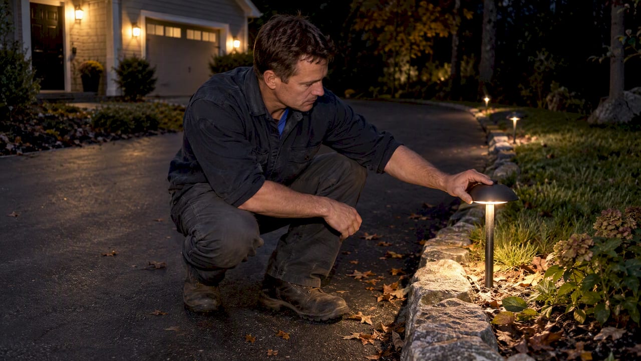 Technician testing driveway light aim at night