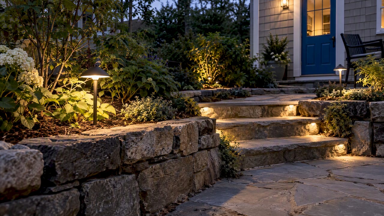 Warm outdoor lights illuminating a stone terrace