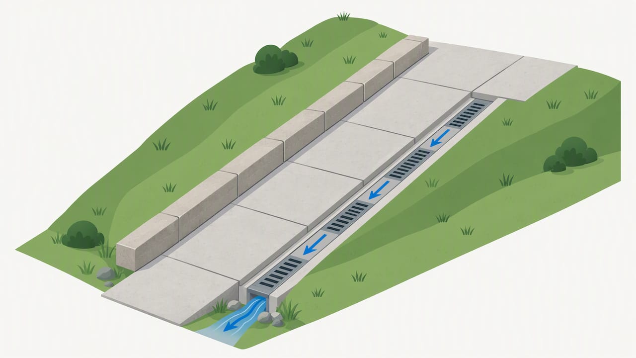 Illustration of slope and drainage reducing walkway width