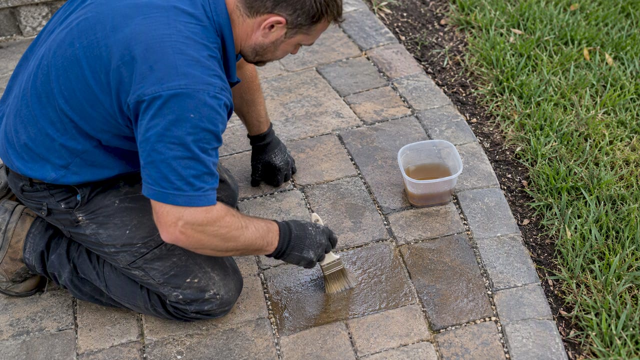 Technician testing sealer on hidden paver area