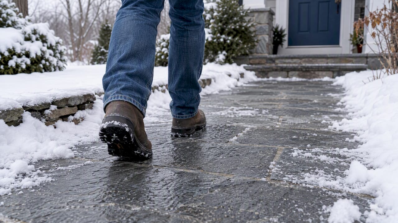 Boots crossing textured bluestone in winter