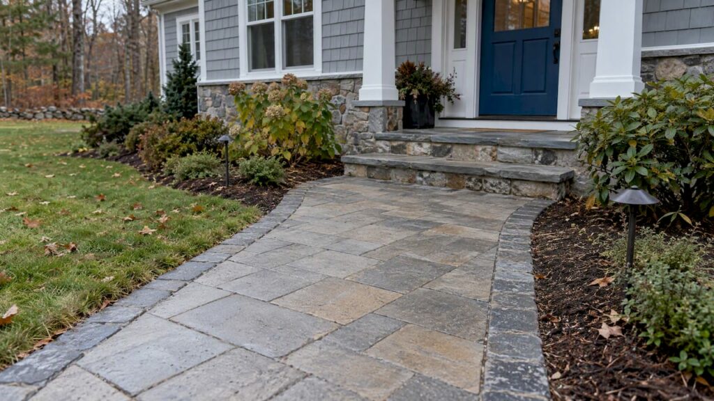 Finished New Hampshire front walkway beside home