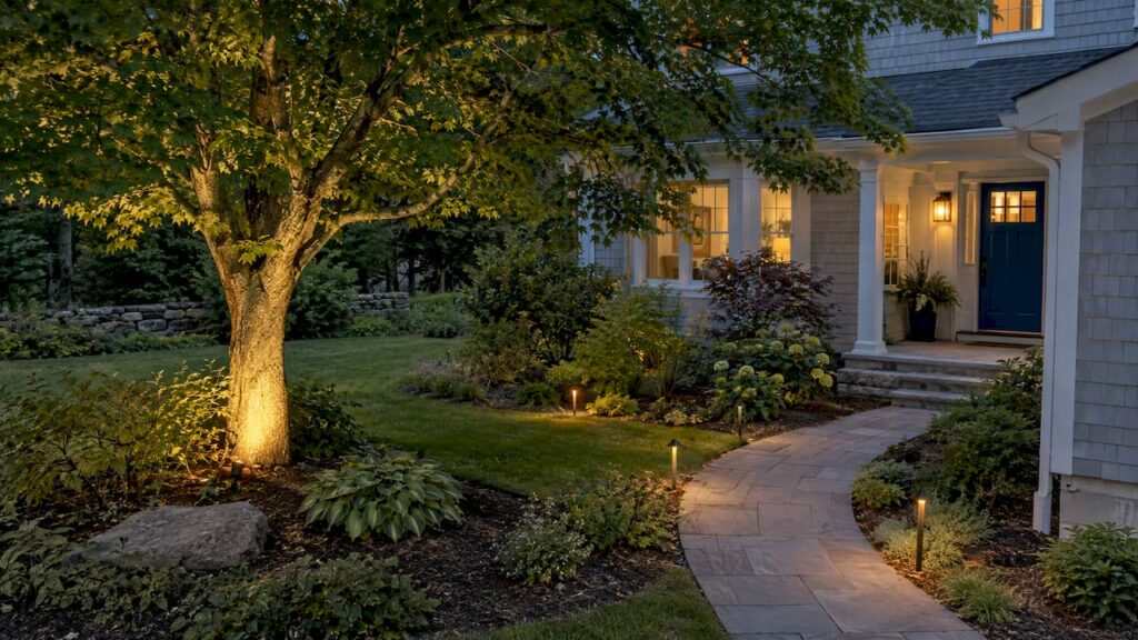 Curved garden path and maple with subtle lighting