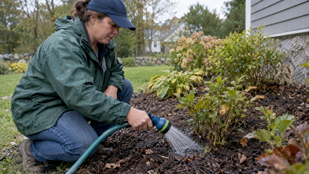 Homeowner watering newly installed garden plants