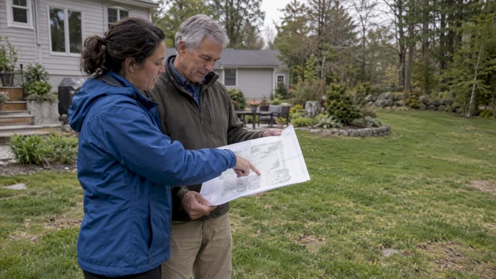 Designer and homeowner reviewing a landscape plan