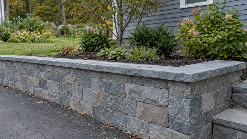 Capped retaining wall in a New Hampshire garden