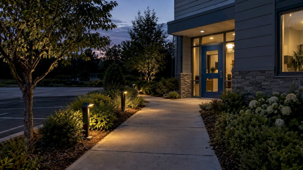 Commercial property walkway lit at dusk