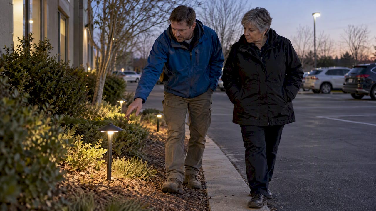Two people checking staked lights at dusk