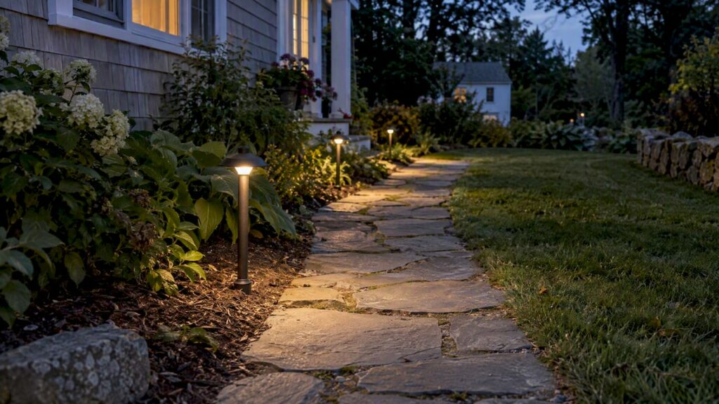 Path lights spaced along a stone walkway