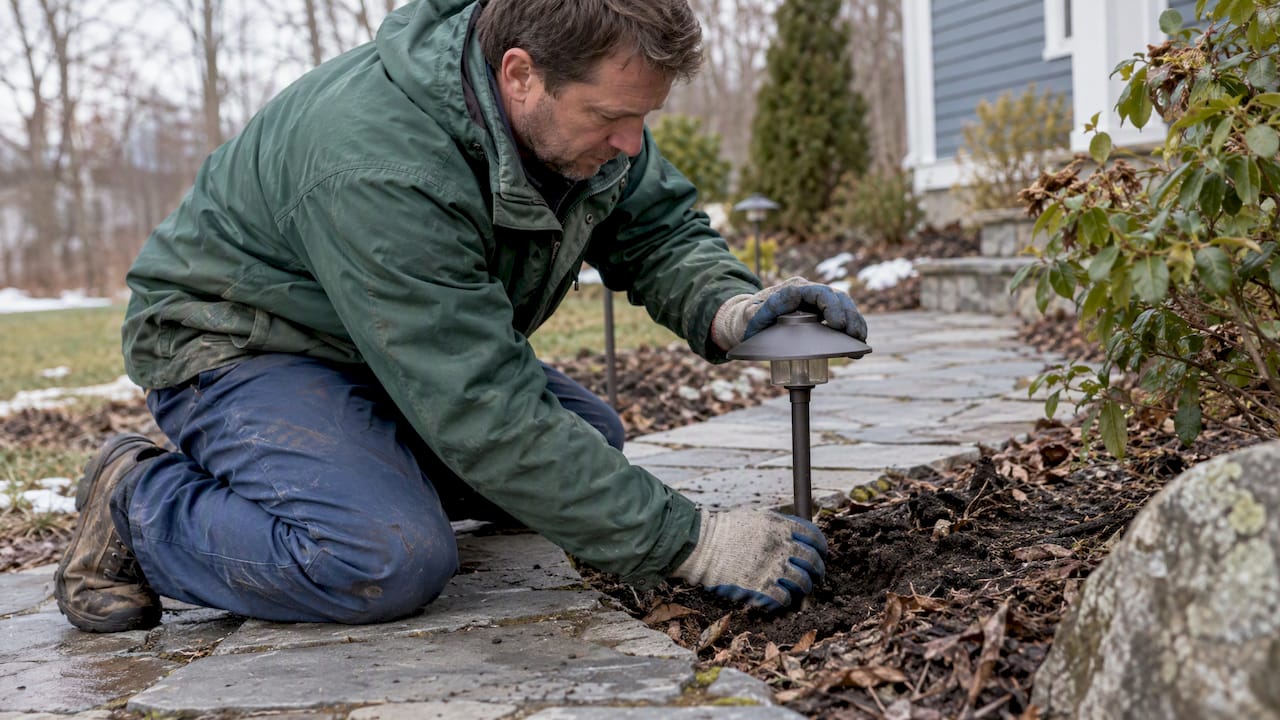 Landscaper straightens a tilted path light