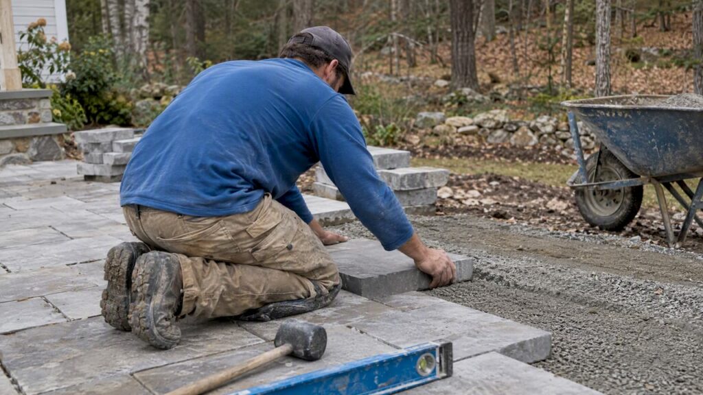Mason laying stone pavers in a New Hampshire yard