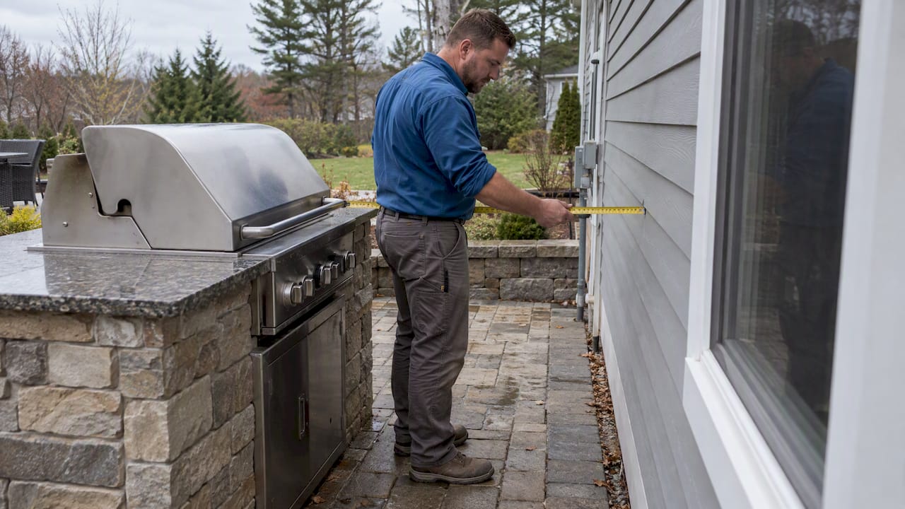 Installer measuring built-in grill clearance