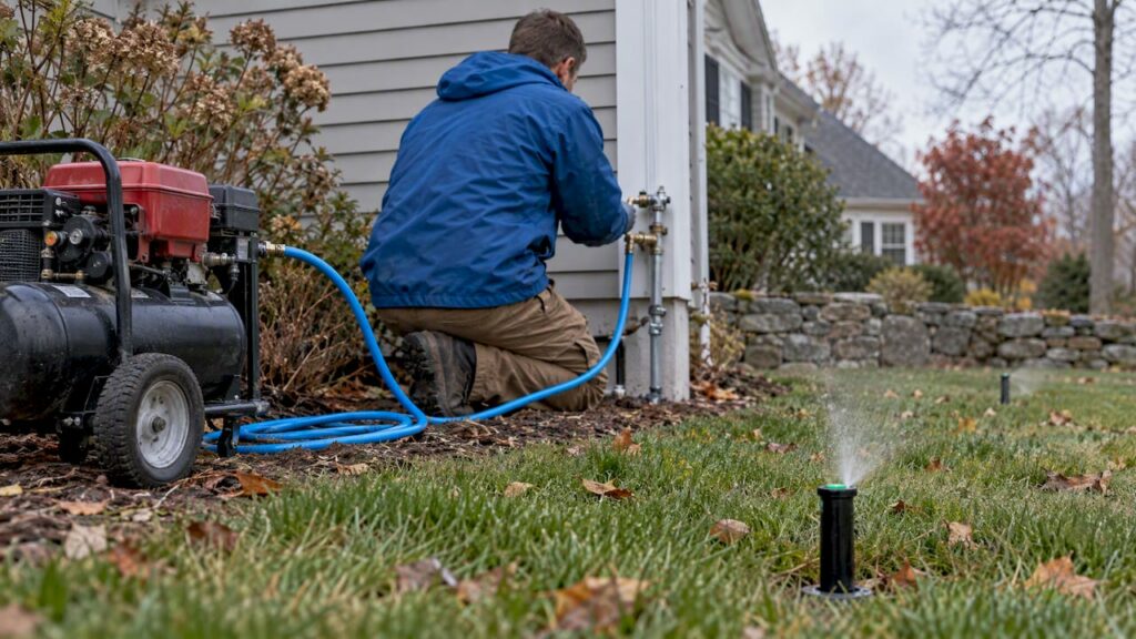 Technician winterizing a residential sprinkler system